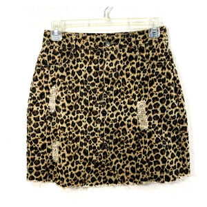 Mittoshop Skirt Womens Small Brown Animal Print Denim Distress Raw Hem‎ Pockets